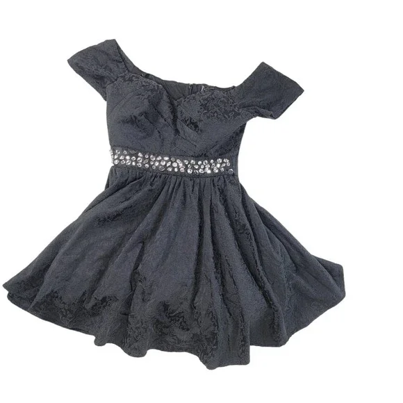 Trixxi Fit and Flare Mini Cocktail Dress Womens Junior Sz M Black Floral Gems - Picture 14 of 16